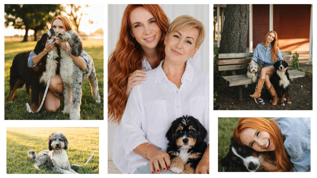 collage of two women and adult bernedoodle dogs full grown