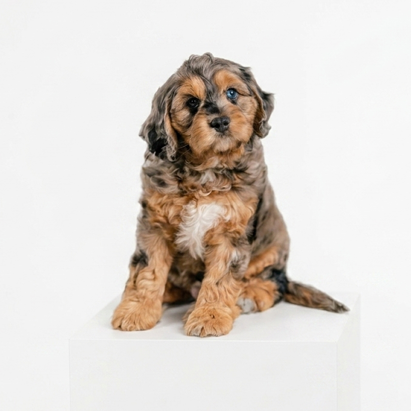 Cute Cavapoo dog sitting on pedestal.